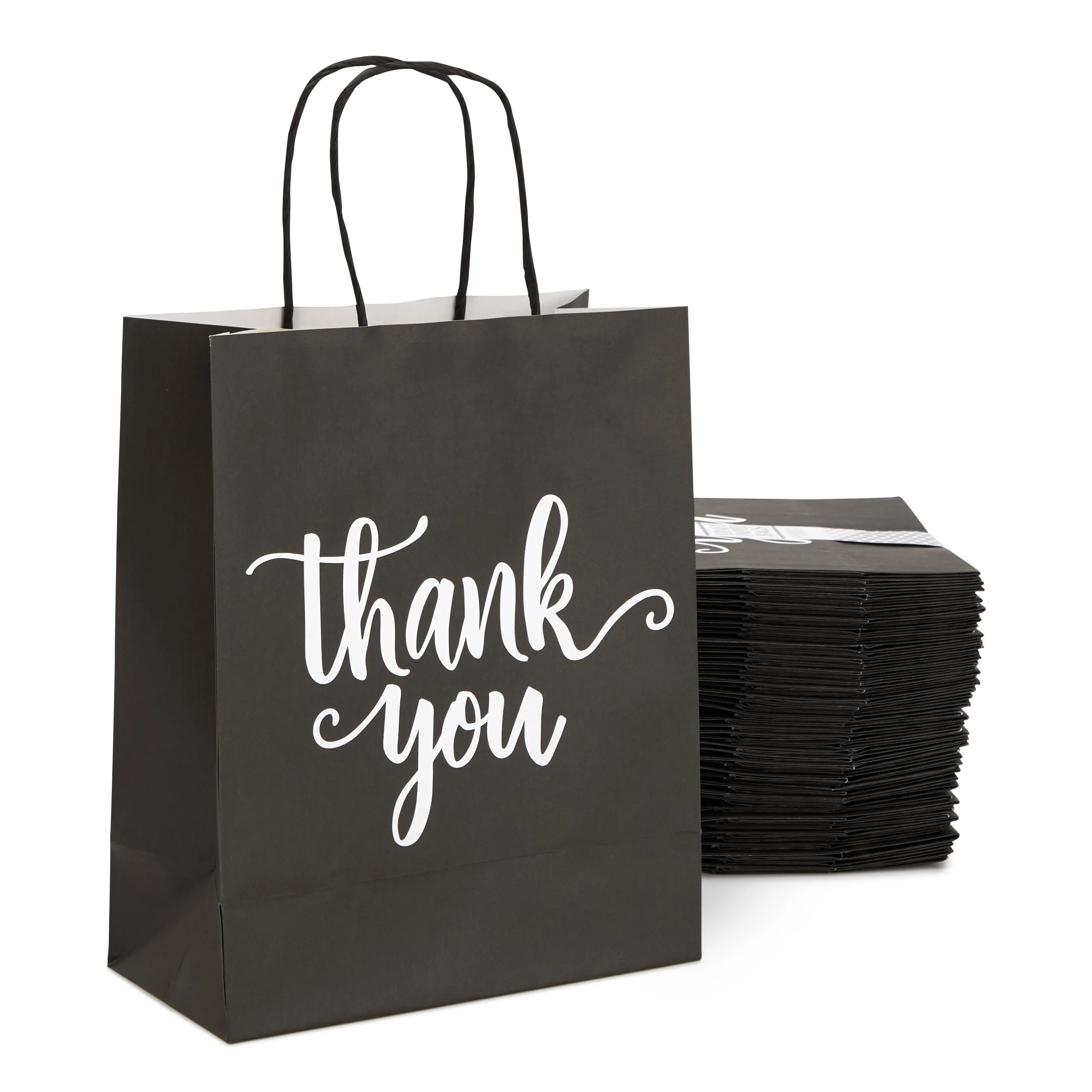 50 Pack Medium Black Thank You Paper Bags with Handles for Boutique, Small Business (10 x 8 x 4 In)