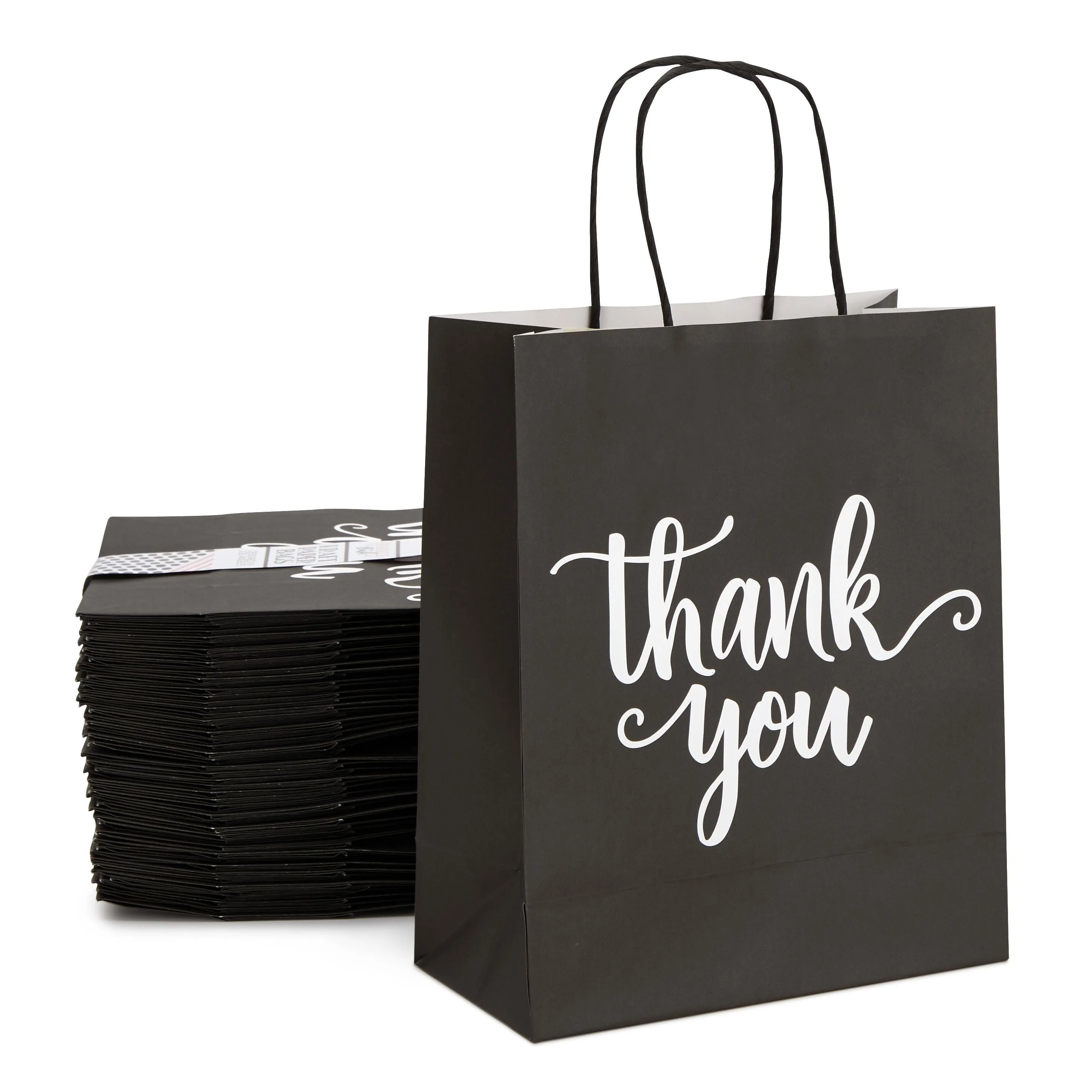 50 Pack Medium Black Thank You Paper Bags with Handles for Boutique, Small Business (10 x 8 x 4 In)