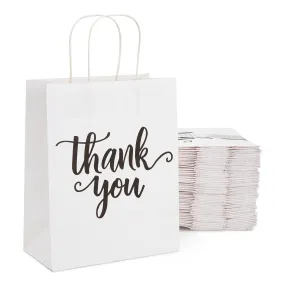 50 Pack Medium White Thank You Paper Bags with Handles for Wedding, Baby Shower, Boutique (10x8x4 In)