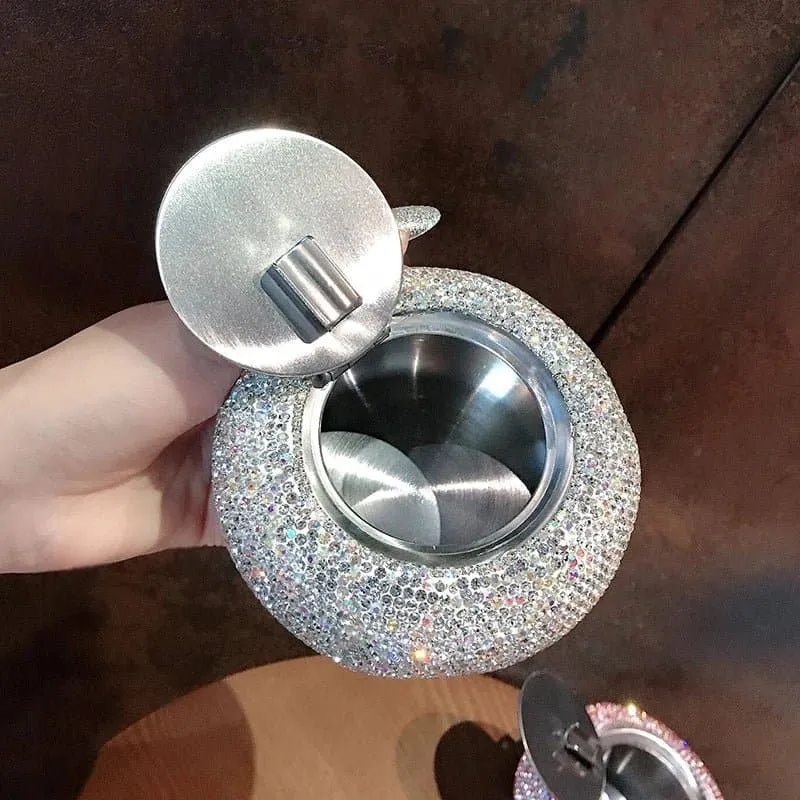 Bling Travel Ashtray - Portable Round Alloy Ashtray with Rhinestones