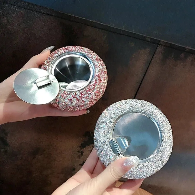 Bling Travel Ashtray - Portable Round Alloy Ashtray with Rhinestones