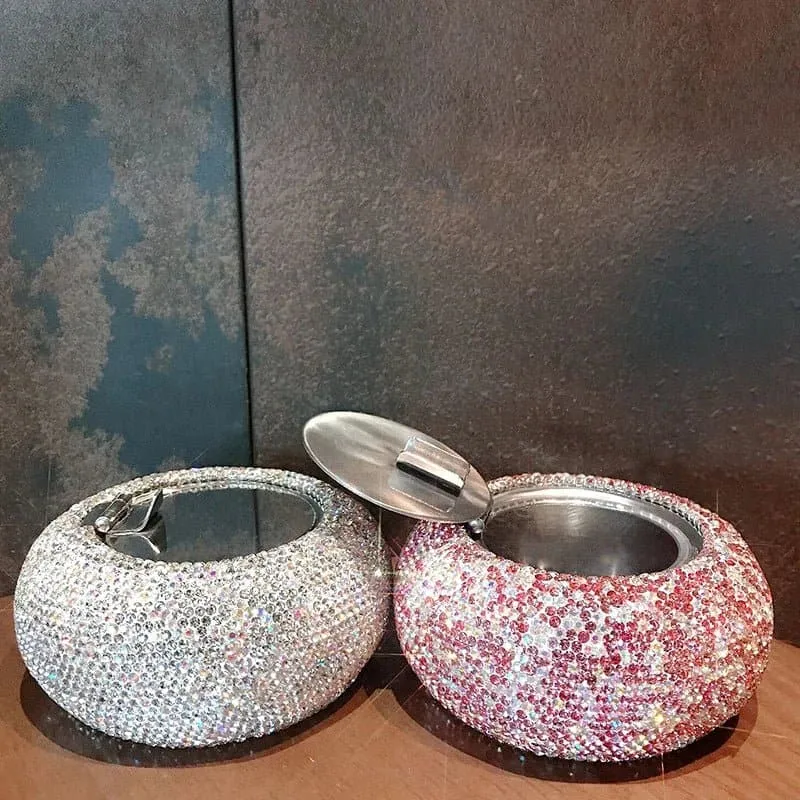 Bling Travel Ashtray - Portable Round Alloy Ashtray with Rhinestones