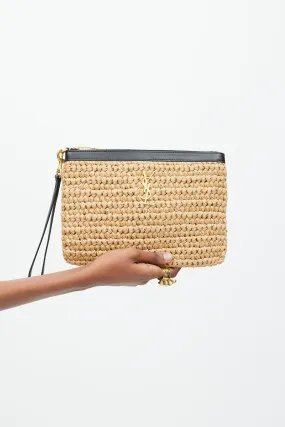 Brown & Black Raffia Logo Clutch