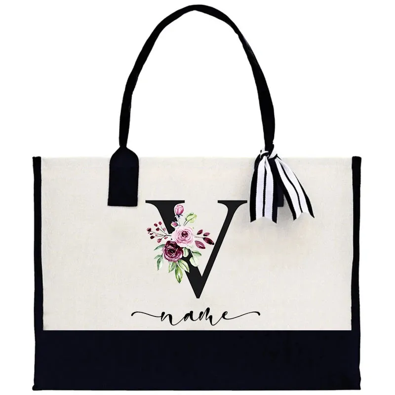 Custom Name Totes Bag Fashion Canvas Tote Letter Flower Portable Beach Shoulder Shopping Casual Beach Bag Large Capacity Handbag