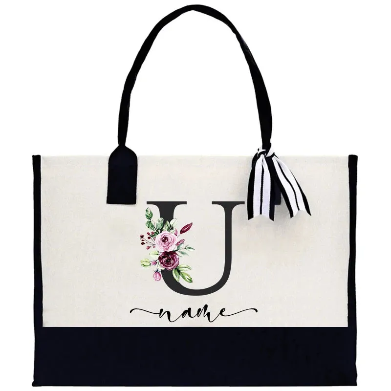 Custom Name Totes Bag Fashion Canvas Tote Letter Flower Portable Beach Shoulder Shopping Casual Beach Bag Large Capacity Handbag