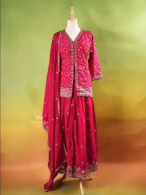 Dark Pink Palazzo Suit Adorned with Floral Embroidery, With Dupatta and 3/4 Sleeve