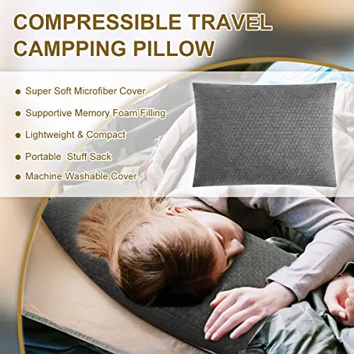 Ivellow Compact Firm Supportive Compressible Pillow, Shredded Memory Foam for Travel, Sleeping, Camping, Adults Kids Outdoor Backpacking Hiking Essential Gear