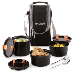 Magnus Opal-3 Microwave Steam Lock Stainless Steel Lunch Box Set - Leak-Proof Lunch Box for Kids, Men, Women | 300ml x 2, 400ml Tiffin Containers with Bag | Lunch Boxes for Office Men - Black