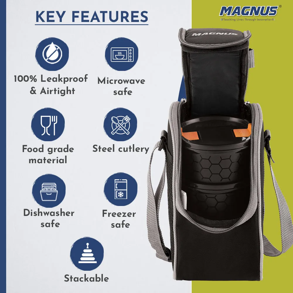 Magnus Opal-3 Microwave Steam Lock Stainless Steel Lunch Box Set - Leak-Proof Lunch Box for Kids, Men, Women | 300ml x 2, 400ml Tiffin Containers with Bag | Lunch Boxes for Office Men - Black