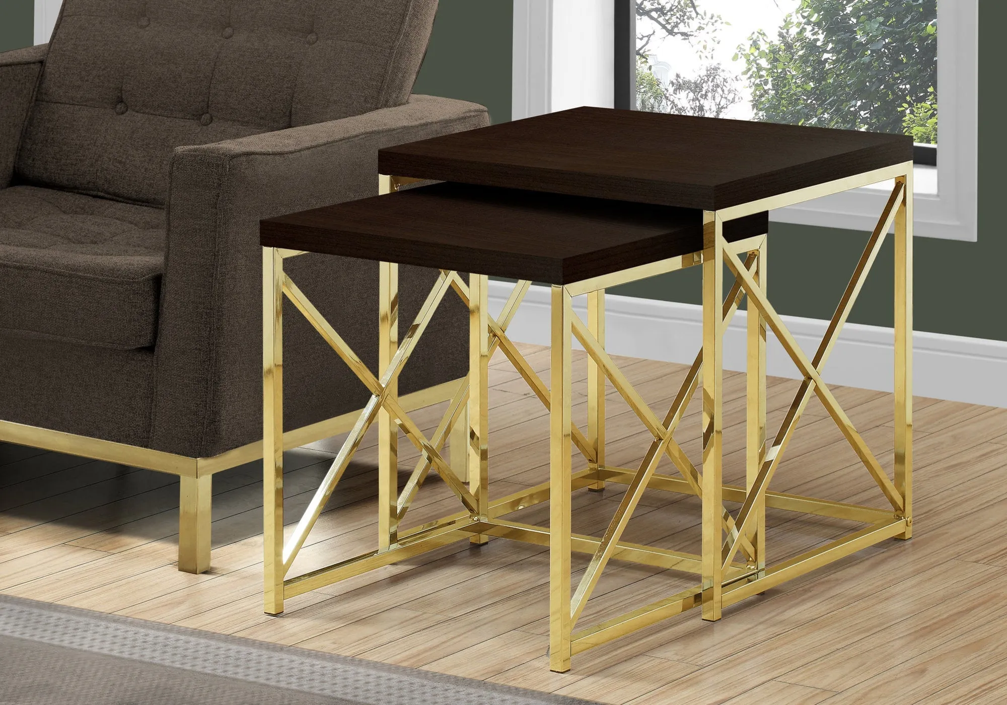 Nesting Table - 2Pcs Set / Cappuccino / Gold Metal