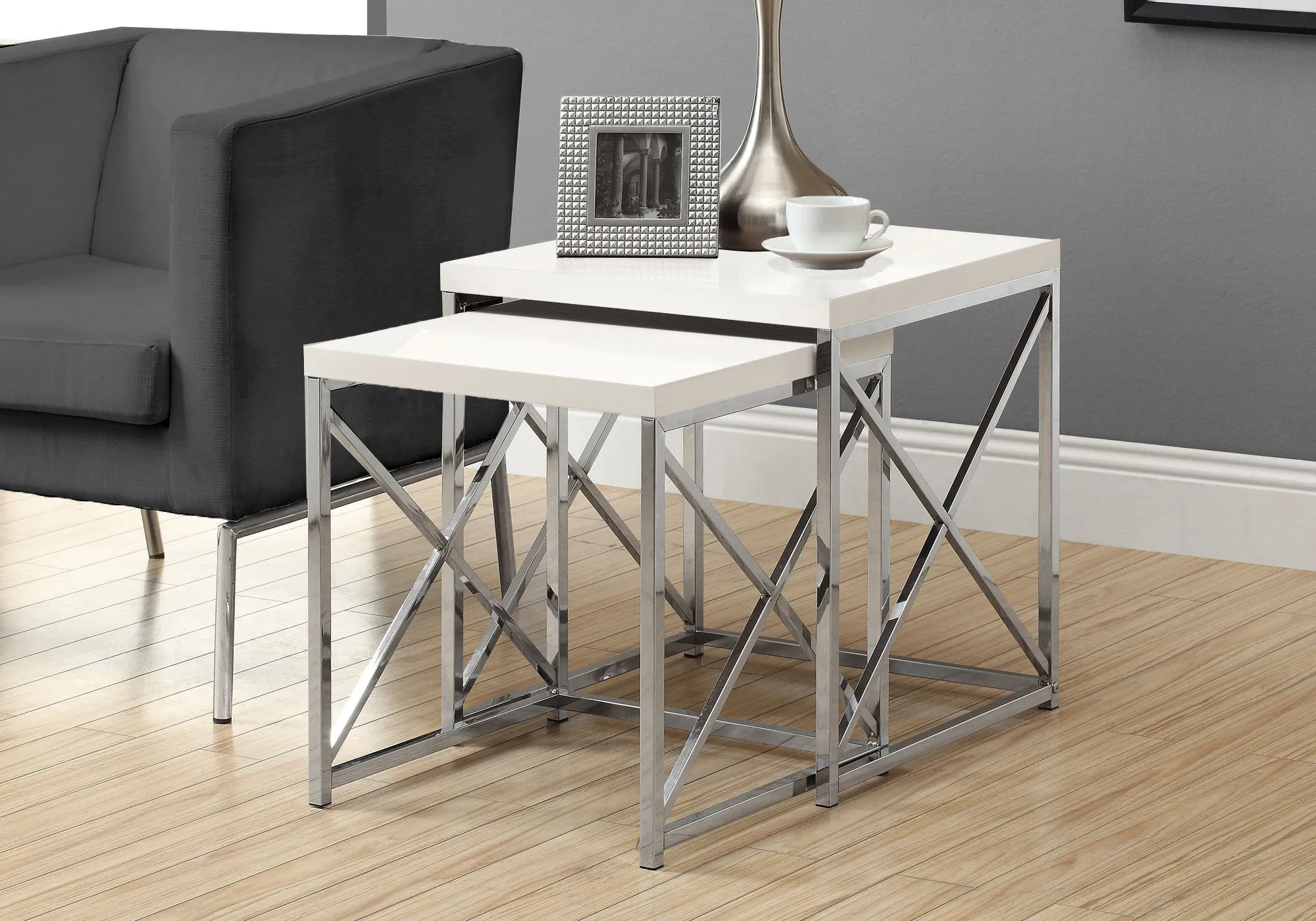 Nesting Table - 2Pcs Set / Glossy White / Chrome Metal