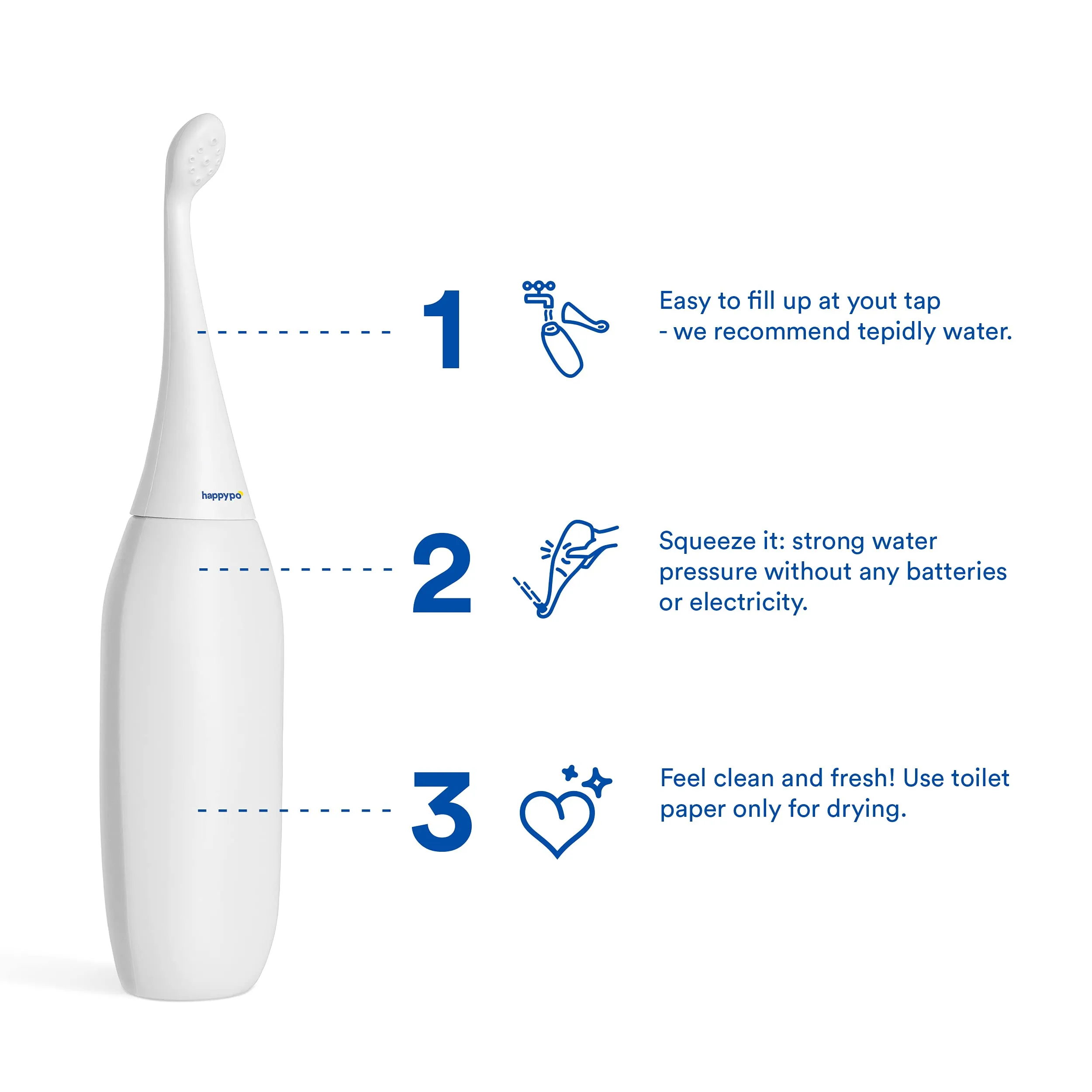 The Original HAPPYPO Shower | White l Portable Bidet with Travel Bag l The Easy